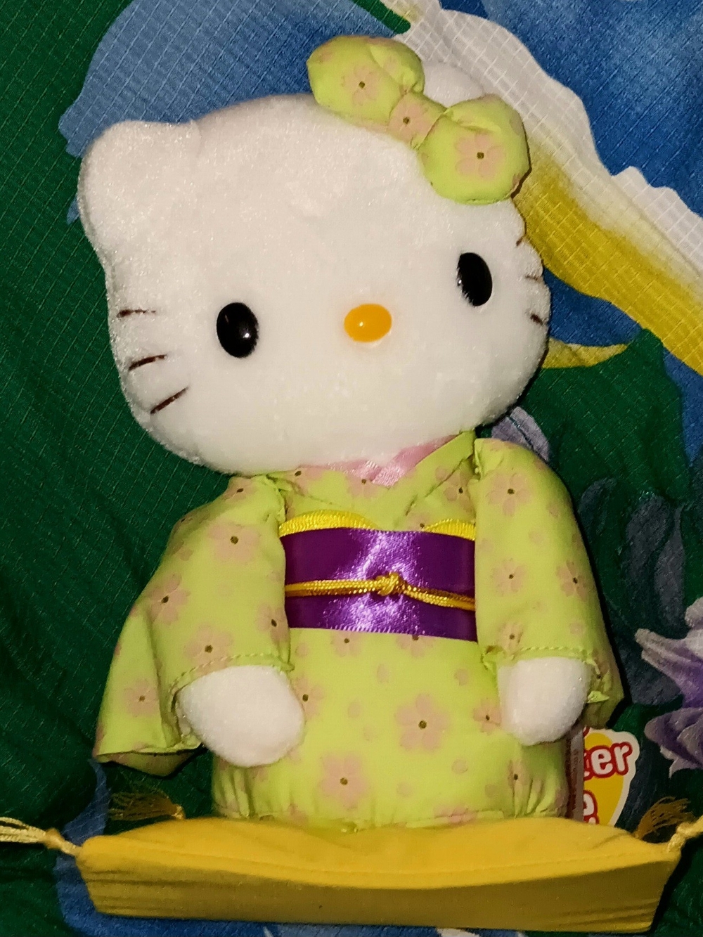 Hello Kitty Plush in Lime Green Floral Kimono with Purple Sash and Yellow Trim